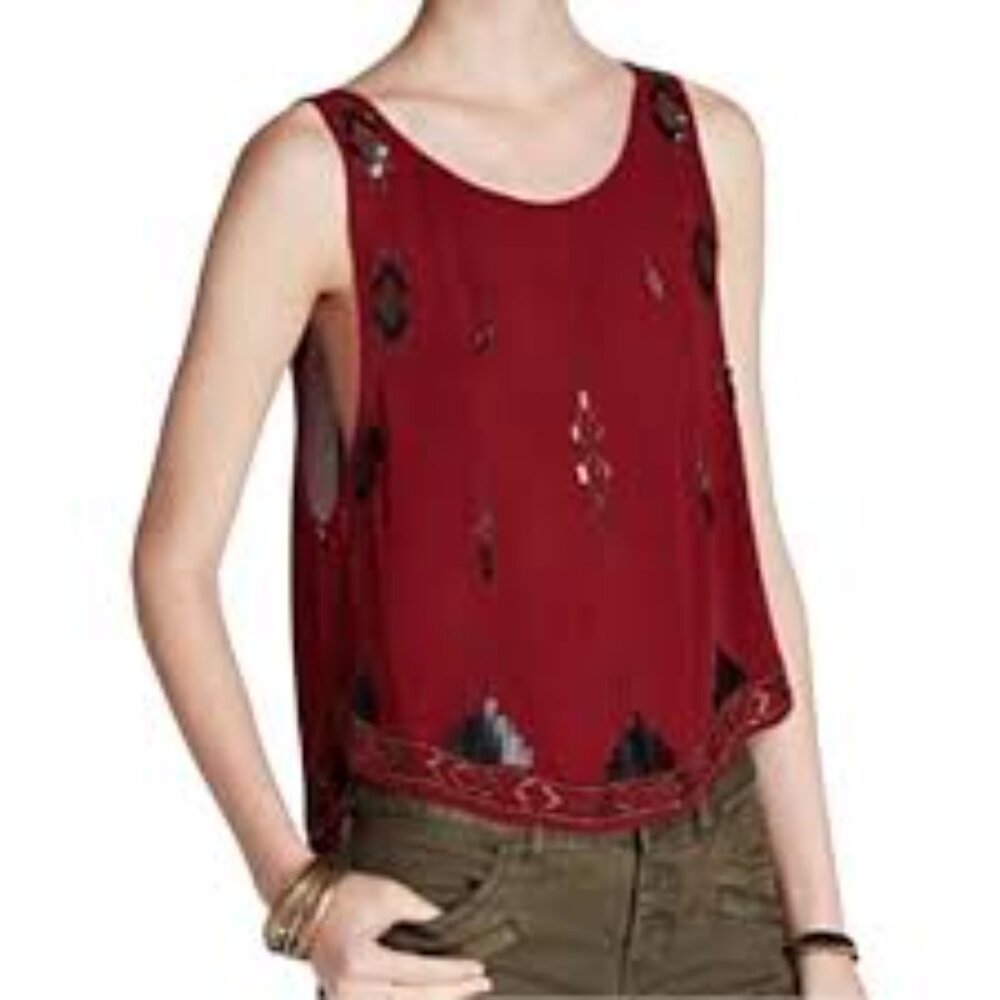 Embroidered Free People Red Sleeveless Top